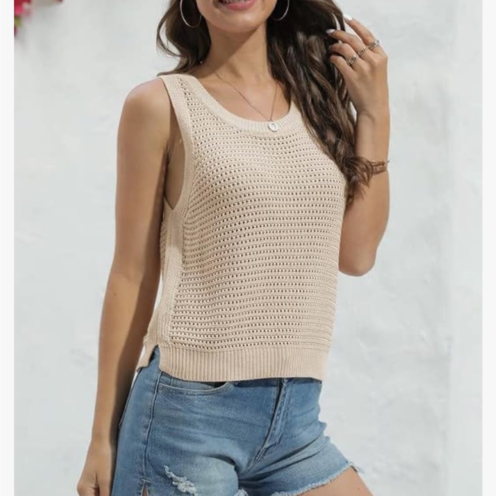 FISACE Womens Sweater Tank, Round Neck Crochet Hollow Out Sleeveless Crop Shirt